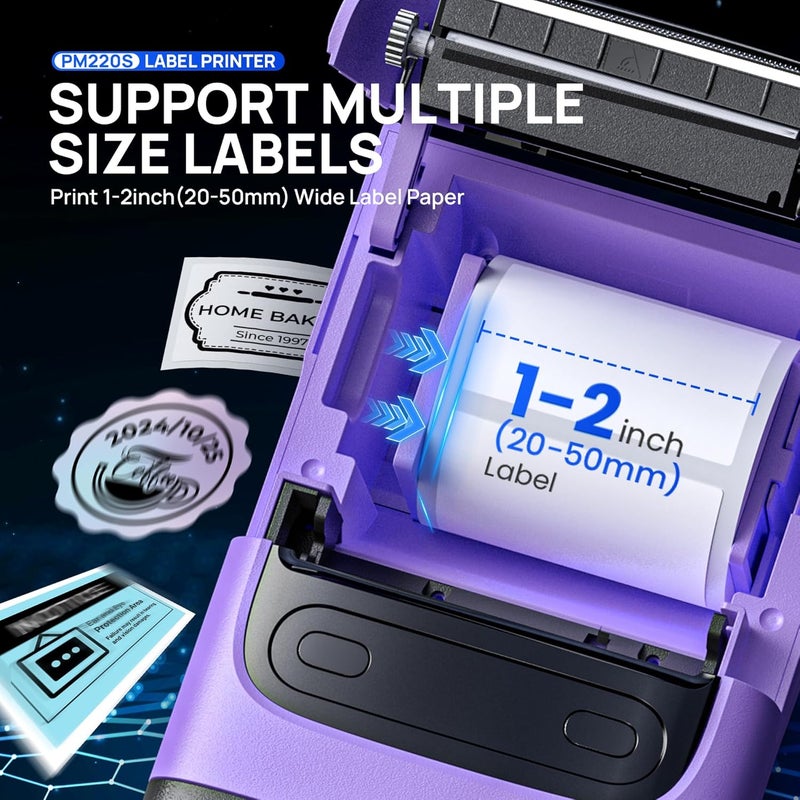 POLONO PM220S Label Maker Machine with Tape, 2 Inch Bluethooth Portable Thermal Label Printer for Small Business, Office, Home, Address, Logo Label, Sticker Printer for Phone/Tablet/PC, Purple - Image 3